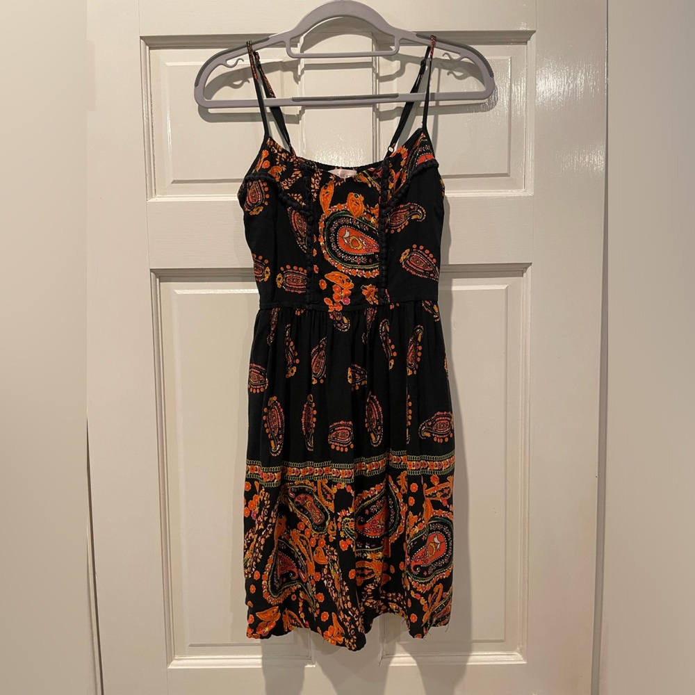 Band of Gypsies Abstract Print Halter Mini Dress w/ Pockets Black Orange Size M